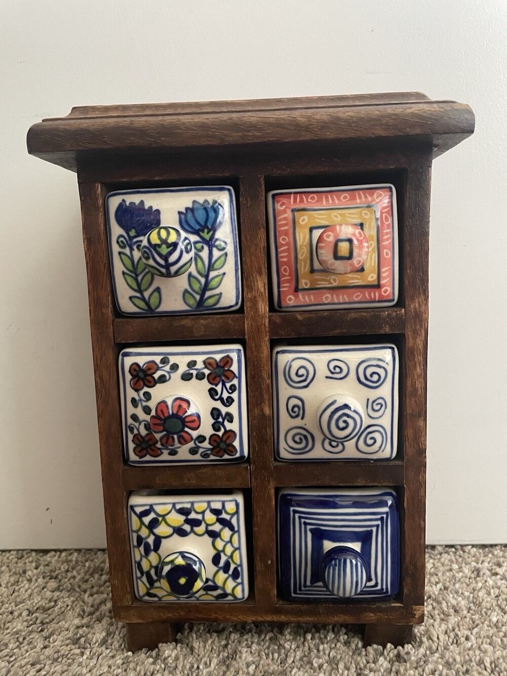 Pier 1 Apothecary Spice Tea Wooden Cabinet With 6 Ceramic Drawers Jewelry Box